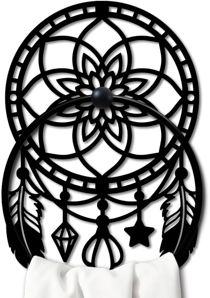 MAYJOYDIY Pumo Metal Towel Ring Round Floral Dream Catcher Net Hand Towel Holder Ring Hanger Black Vintage Towels Wall Organizer for Kitchen Bath Home Laundry Room Decors Gifts