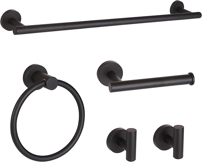 Matte Black Bathroom Hardware Set, Modern 24-Inch Towel Bar Set Wall Mounted, Towel Rack Set Black,Stainless Steel Bathroom Accessories Set Black,5-Pieces