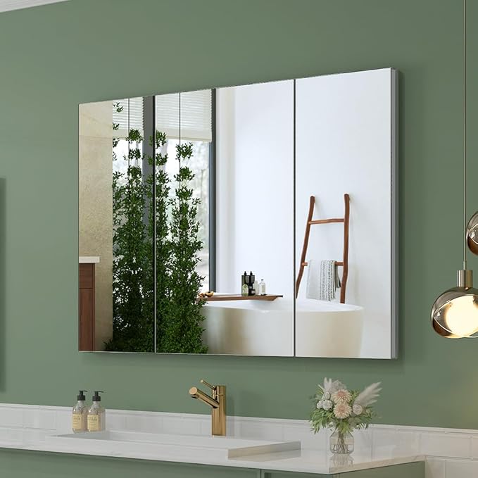 Quavikey Medicine Cabinet with Mirror, Aluminum 3 Doors Recessed or Surface Mount Large Bathroom Mirrored Cabinets 36x26 Inch, Silver