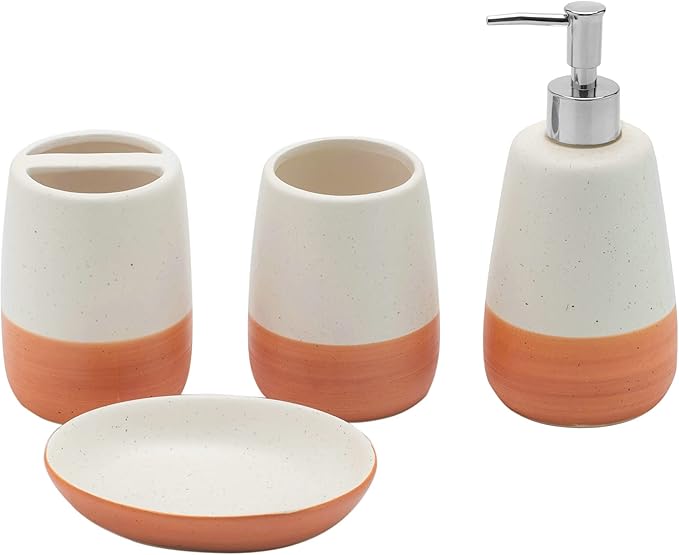 Orange Bathroom accesory Set 4pc,Coral Toothbrush Holder Terracotta Color soap Dispenser soap Dish Tumbler Cup for Bathroom Decor and Gift countertop Decor(Orange)