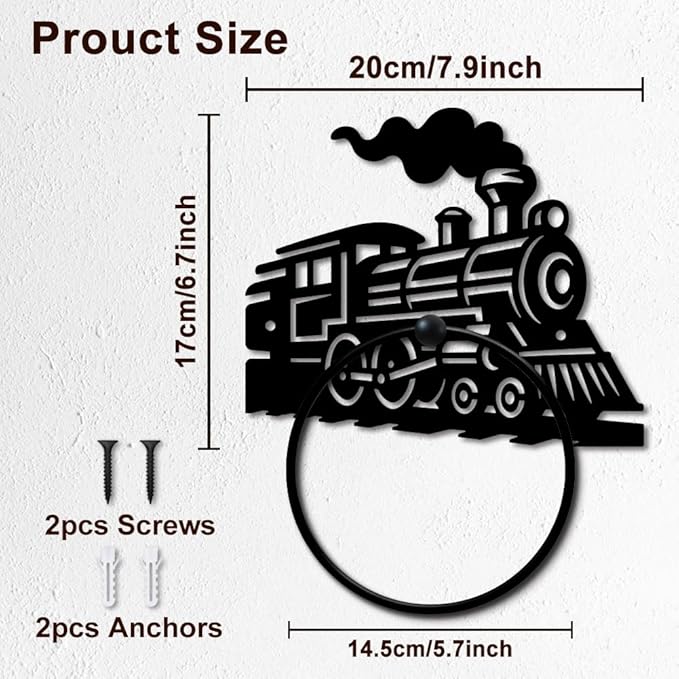 MAYJOYDIY Train Metal Towel Ring Round Vintage Train Hand Towel Holder Ring Hanger Black Vintage Towels Wall Organizer for Kitchen Bath Home Laundry Room Decors Gifts
