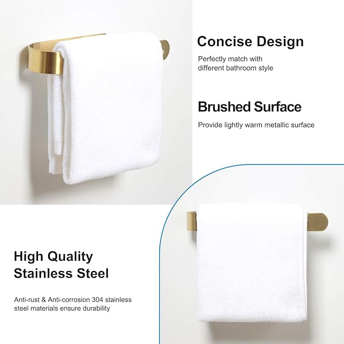 HouseAid Self Adhesive Hand Towel Holder for Bathroom, Stainless Steel Adhesive Towel Bar, No Drilling Modern Hand Towel Hanger, Brushed Gold