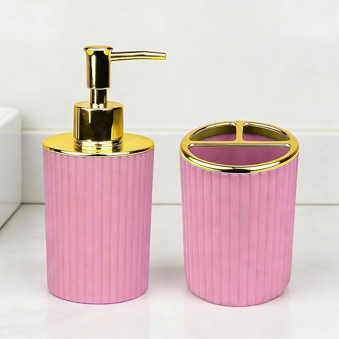 Bathroom Accessories Set, 2-Piece Pink & Gold Soap Dispenser & Toothbrush Holder, Modern ABS Vanity Organizer for Countertop, Minimalist Bathroom Decor