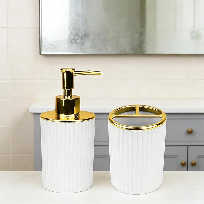 Bathroom Accessories Set, 2-Piece White & Gold Soap Dispenser & Toothbrush Holder, Modern ABS Vanity Organizer for Countertop, Minimalist Bathroom Decor