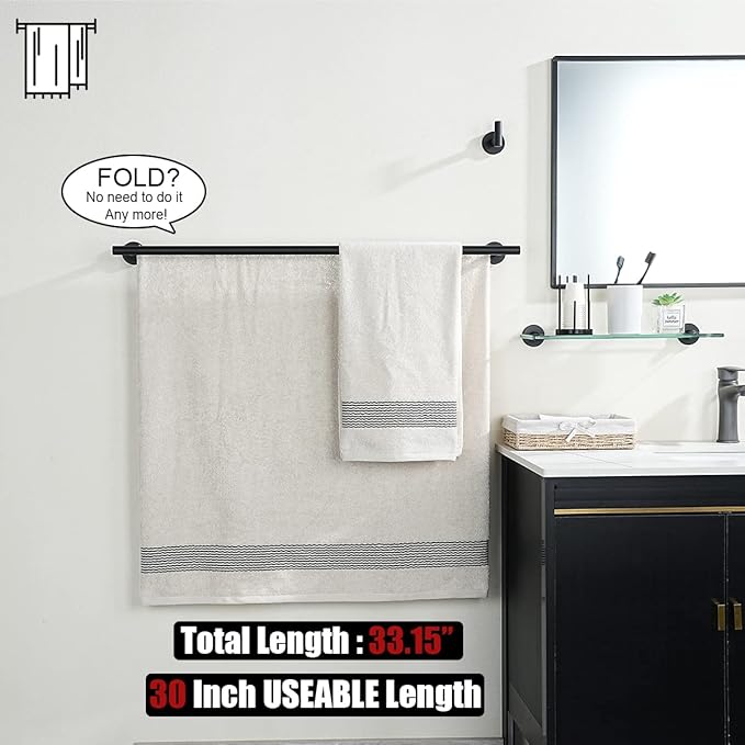 JQK Double Bath Towel Bar, Matte Black 33 Inch 304 Stainless Steel Thicken 0.8mm Towel Rack for Bathroom, Towel Holder Wall Mount, Useable Length 30 Inch 2 Pack, TB100L30-PB-P2