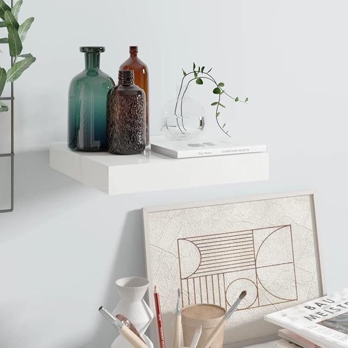 Floating Wall Shelf High Gloss White 9.1x9.3x1.5 Invisible Mounting Display Rack for Home Decor Books Collectibles Modern Minimalist Design