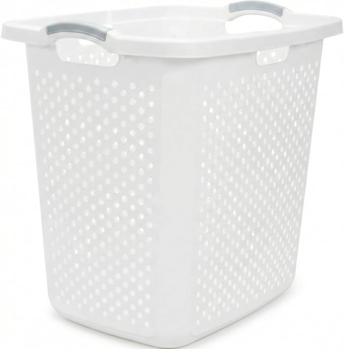 Extra Large 2.5 Bushel Plastic Laundry Hamper Basket - Tall Ventilated Clothes Bin with 4-Way Easy-Grip Handles, Heavy Duty Washing Storage for Bedroom, Bathroom, and Dorm Organization, White