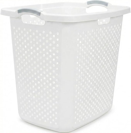 Extra Large 2.5 Bushel Plastic Laundry Hamper Basket - Tall Ventilated Clothes Bin with 4-Way Easy-Grip Handles, Heavy Duty Washing Storage for Bedroom, Bathroom, and Dorm Organization, White