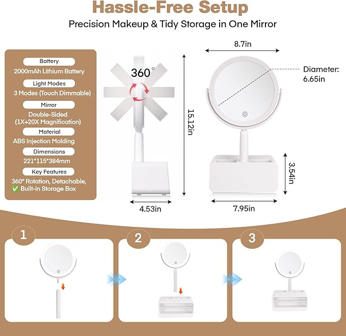 Makeup Mirror with Lights-1x/20x 360° Rotation Vanity Mirror with 3 Color Temperatures & Dimmable LED Lights, Rechargeable Desktop Mirror with Brush Holder & Cosmetics Organizer-Gift for Her