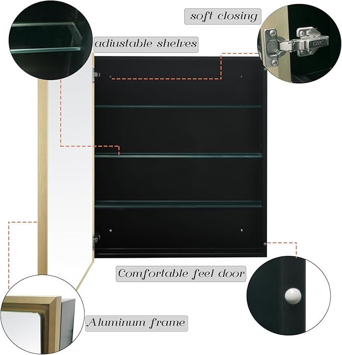 Bathroom Medicine Cabinet with 24x30 Inch Mirror - Recessed or Surface Mount Vanity Storage Cabinet｜ Antique Brush Gold Finish ｜ Rustic Farmhouse Bathroom Mirror Cabinet
