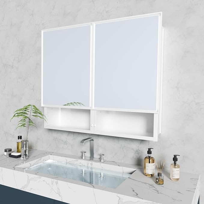 32 x 26 Inches Bathroom Medicine Cabinet with Mirror, Double Door Wall Mounted Mirror Cabinet, Surface or Recessed Mount White Bathroom Storage Cabinet
