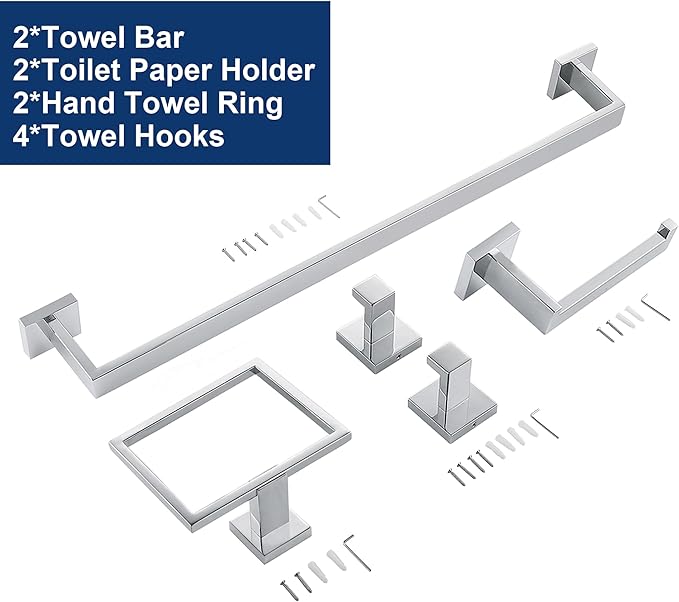 10 Pieces Bathroom Hardware Accessories Set Polished Chrome,24 Inch Bathroom Towel Rack Set SUS304 Stainless Steel, Square Bath Towel bar Set Heavy Duty, Wall Mounted