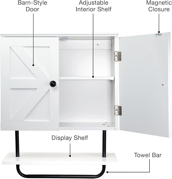 EXCELLO GLOBAL PRODUCTS 22" x 27.5” Barndoor Bathroom Wall Cabinet, Space Saver Storage Cabinet Kitchen Medicine Cabinet with Adjustable Shelf and Towel Bar, White