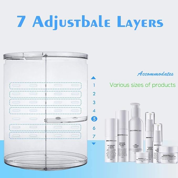 Rotating Makeup Organizer,360 Degree Adjustable Cosmetic Storage Makeup Spinning Holder Storage Rack with 7 Layers Large Capacity, Display Stand Box Perfect for Dresser (1white)