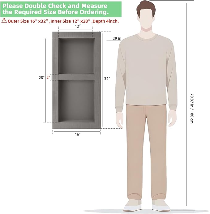 Tile Ready Shower Niche Insert,Waterproof and Ready-to-Tile Niche for Shower Wall,Recessed Showers Shelf Niches Box for Bathroom Renovation/Soap Storage,Inner Size 12"x28",Outer Size 16”x32”,Depth 4”