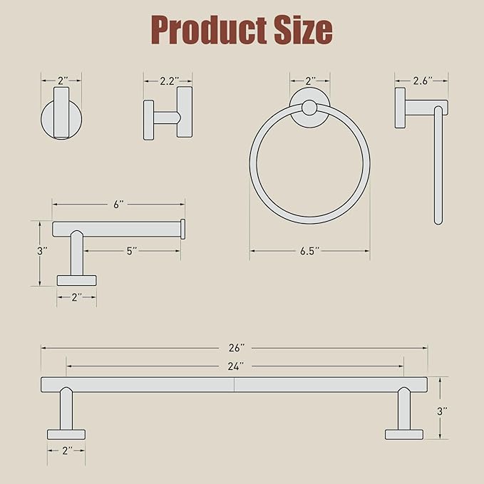 Luxbaro Brushed Gold Towel Bar Set, 24 Inch Bathroom Accessories Set, Wall Mounted Bathroom Hardware Set, Durable SUS304 Stainless Steel, 5-Piece