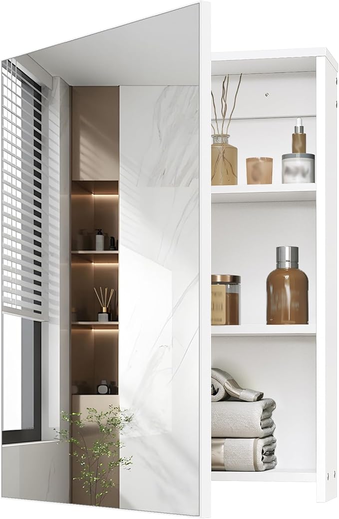 CHOEZON Wall-Mounted Bathroom Vanity with Mirror, Medicine Cabinet with Storage Function, Hanging Storage Cabinet, Adjustable Shelves, White