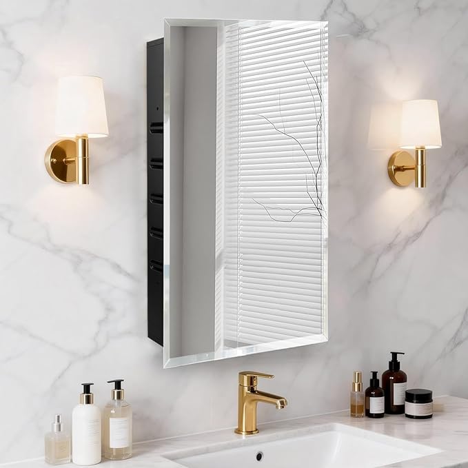 16x26'' Bathroom Medicine Cabinet Mirror with Storage, Surface Mount or Recessed Medicine Cabinet with 4-Tiered Adjustable Tempered Glass Shelves