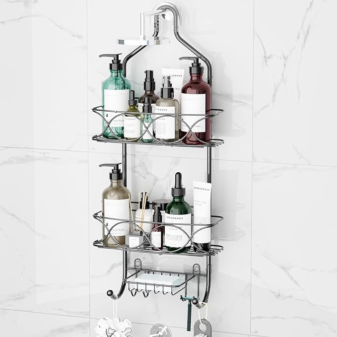 Aluminum Shower Caddy Hanging for Handheld Showerheads, Never Rust Shower Organizer with Hooks Holder Toothbrush Holder，Over Showerhead Caddy for Bathroom