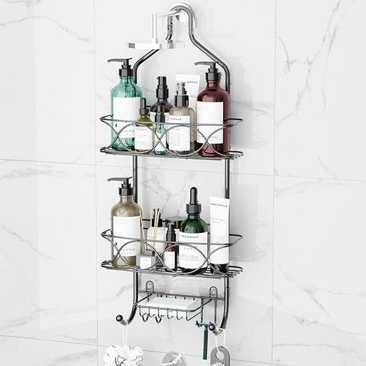 Aluminum Shower Caddy Hanging for Handheld Showerheads, Never Rust Shower Organizer with Hooks Holder Toothbrush Holder，Over Showerhead Caddy for Bathroom