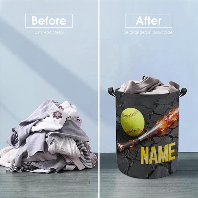 Personalized Softball Laundry Hamper Custom Name Funny Dirty Clothes Laundry Basket Portable Storage Basket For Home Bathroom Family Softball Lovers Xmas Birthday (style 4)