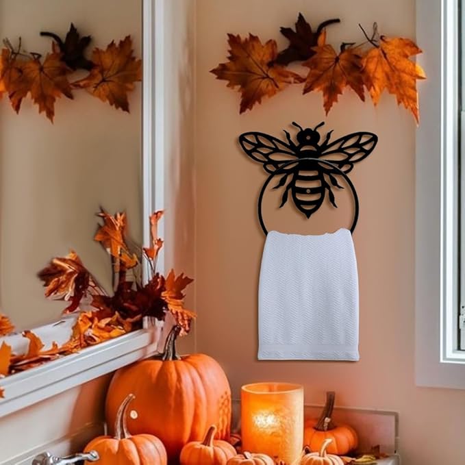 MAYJOYDIY Honey Bee Metal Towel Ring Antique Bumblebee Hand Towel Holder Round Cute Insects Towel Hangers Black Bathroom Towel Rack Wall Mounted for Kitchen Bath Home Laundry Room Decors Gifts