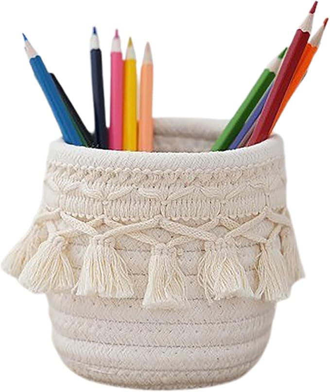 MSUIINT Macrame Makeup Brush Holder Organizer, Brushes Mini Storage Basket, Hand Woven Cotton Rope Basket, Boho Decor Baskets for Comb Cosmetics Pen Pencil Container (A)