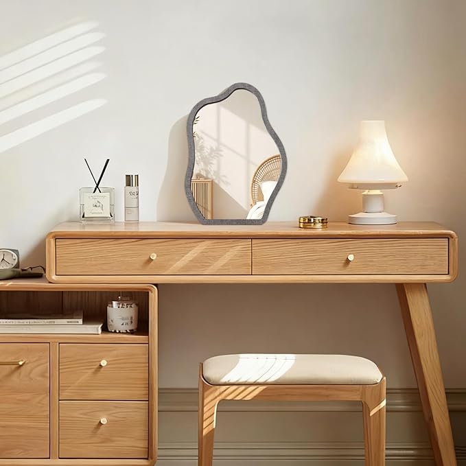 Makeup Desk Mirror Wood Frame Portable Free Standing Ornate Tabletop High Definition Countertop Mirrors with Stand for Vanity Dresser Living Room Bedroom Office Decorative