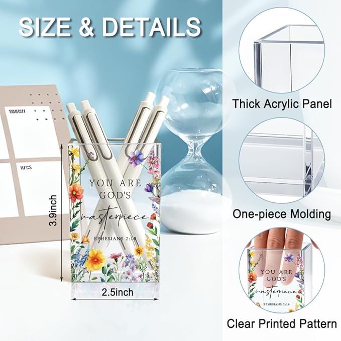 You Are God's Masterpiece Acrylic Pencil Holder Cup, Floral Christian Pen Holder for Desk, Christian Gifts for Women Girls, Bible Verses Makeup Brush Organizer for Home Office Desk Accessories