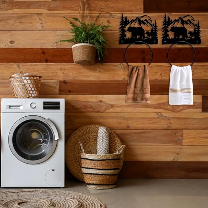 MAYJOYDIY Bear Forest Metal Towel Ring Animal Mountain Towel Holder Sun Bird Metal Bath Towel Ring Wall Mounted Black Art Towel Rack for Bathroom Accessories Wall Mounted Decoration