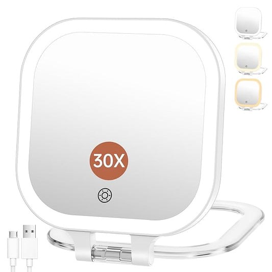 FASCINATE Compact Travel Makeup Mirror with Lights and Magnification, 3.5 inch Portable 1X/30X Magnifying Mirror with 3 Color Light, Folding, Handheld (White)