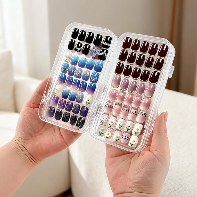 Tri-Fold Portable Press on Nail Storage Box, 4-Page Clear Press on Nails Organizer Box with 30 Pcs Adhesive Double Sided Tape, Clear PET Plastic Travel Holder