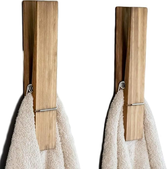 Giant Clothespin Bathroom Towel Holder | Huge 12” Clothes pin | Farmhouse Bathroom décor | Laundry Room or Nursery décor | Towel Rack or Hook | Bathroom Accessories wall décor (2 Dark Walnut)