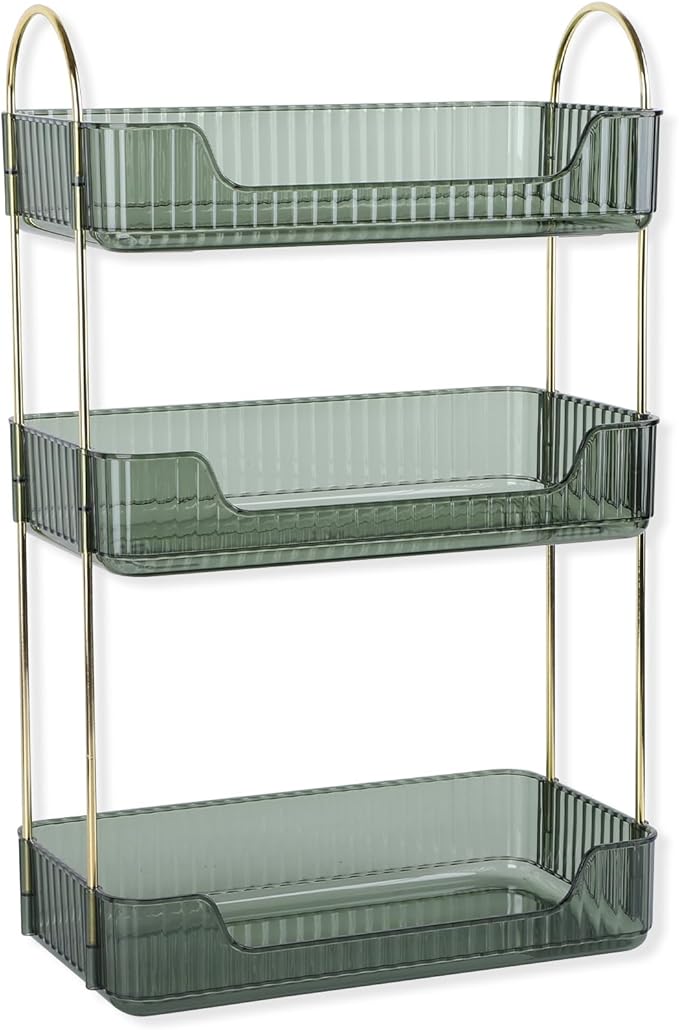 3-Tier Vintage Makeup Organizer Countertop for Vanity, Detachable Makeup Holder, Exquisite Ribbed Bathroom Counter Storage, Stackable Cosmetic Jewelry Perfume Skincare Green Shelf, Easy to Clean