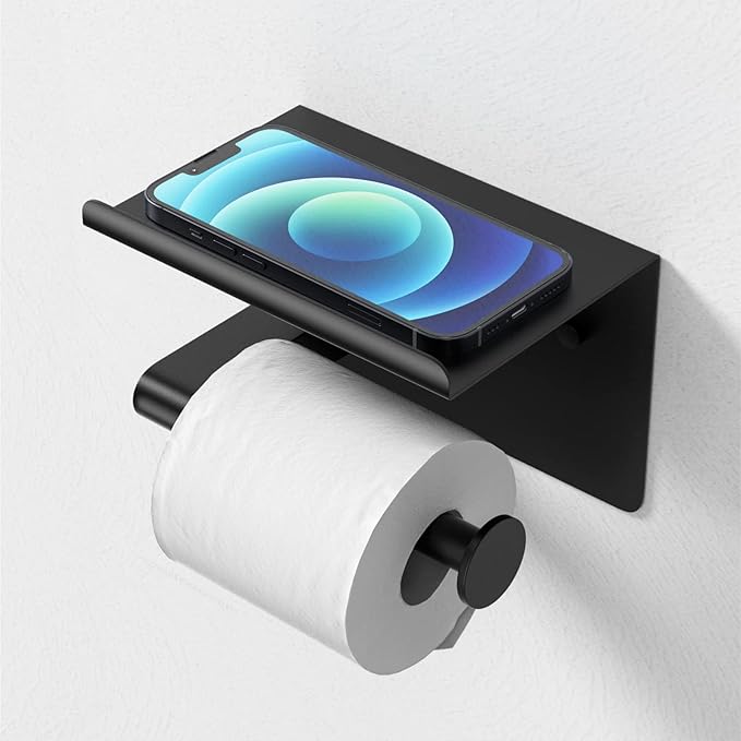 GLNLQ Matte Black Toilet Paper Holder with Shelf, Fits Mega Rolls, Rustproof Stainless Steel, Self Adhesive Wall Mount Toilet Paper Roll Holder, for Bathroom, Washroom, Kitchen, RV
