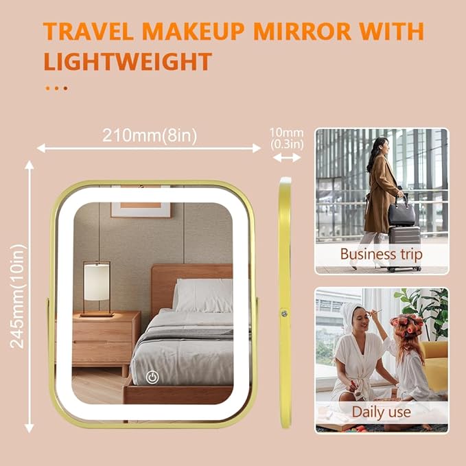 YEKKOPT Gold Vanity Mirror with Lights,10"x8" Rechargeable LED Lighted Makeup Mirror, Large Makeup Mirror with Lights, Touch Screen with 3-Color Lighting, Dimmable, for Vanity Desk Tabletop, Bedroom