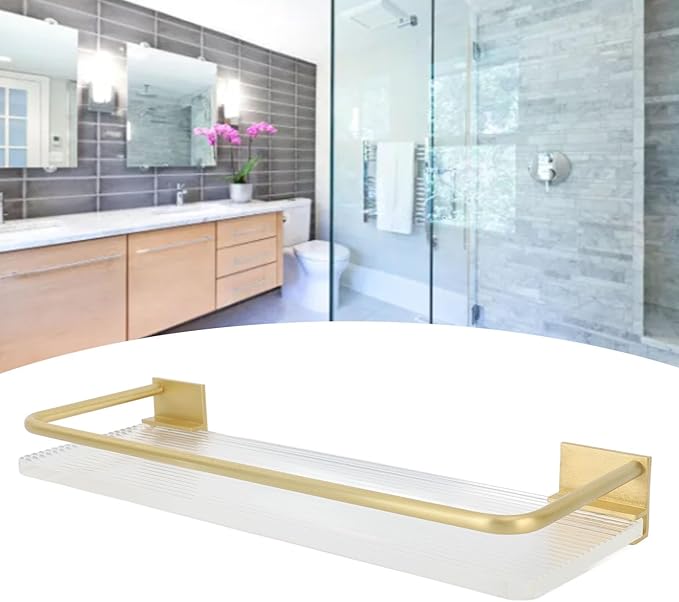 Floating Bathroom Shelves Wall Mounted, Modern Bathroom Organizer with Metal Rail for Decor, Bathroom Organizers and Storage, Over Toilet Shelves for Toilet Paper (Gold)