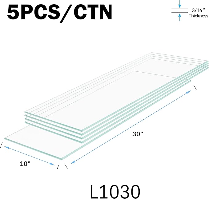 10" x 30" 5-PCS Tempered Glass Shelf, Rectangular Frameless Glass Shelves - 3/16" Thick, Suitable for Bookshelves, Display Cases, Retail Fixtures and Tabletops