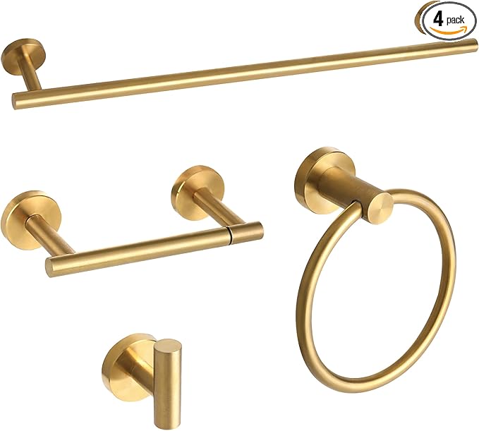 Brushed Gold Bathroom Hardware Accessories Set 4 Pieces,Towel Bar Set Stainless Steel Wall Mounted, Includes 24 in Hand Towel Bar, Towel Ring Holder,Toilet Paper Holder, Bathroom Towel Rack Set Gold