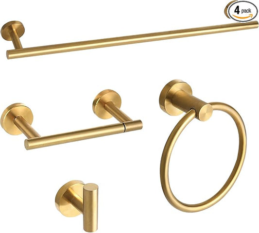 Brushed Gold Bathroom Hardware Accessories Set 4 Pieces,Towel Bar Set Stainless Steel Wall Mounted, Includes 24 in Hand Towel Bar, Towel Ring Holder,Toilet Paper Holder, Bathroom Towel Rack Set Gold