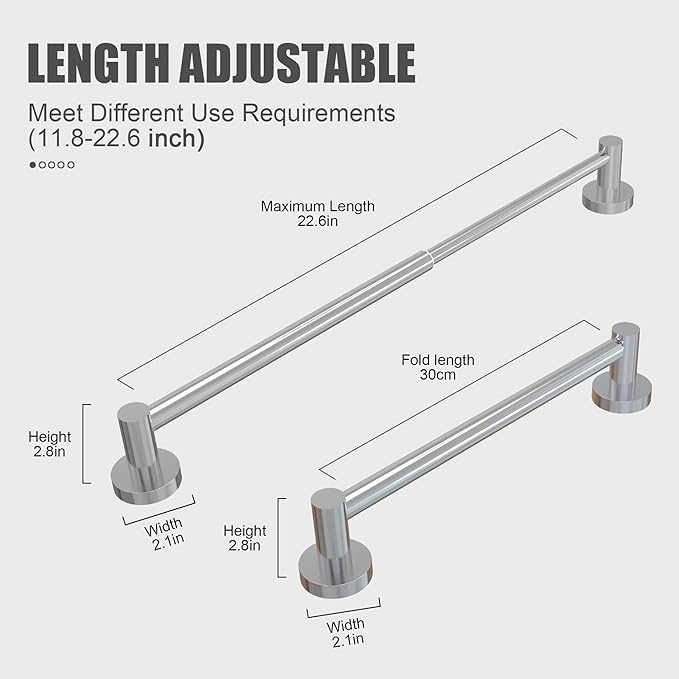 Honmein Towel Bar - Adjustable 304 Stainless Steel Towel Holder for Bathroom (11.8inch-22.6inch) Sturdy and Rustproof Wall Mounted Towel Rack for Bathroom Accessories, Polished Silver?€?