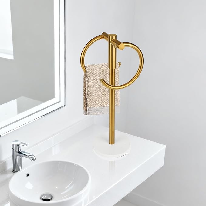 19 inch Brushed Gold Double Towel Holder Stand, Hand Towel Bar Bathroom Vanity Countertop Towel Holder Free Standing,Towel Ring Hardware Accessories Towel Rack