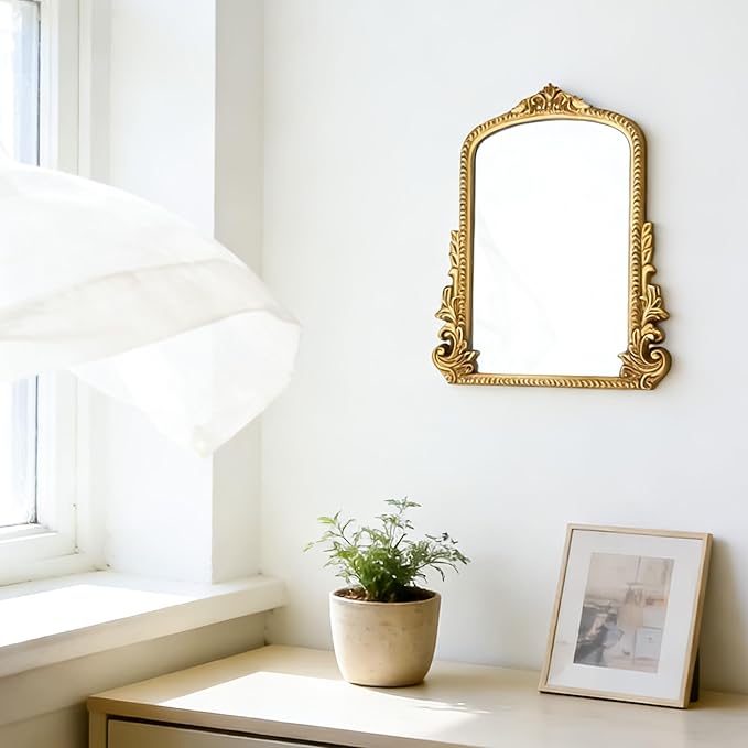 SIBAO Gold Vintage Baroque Vanity Mirror,11.8" x 9.6" Arched Tabletop Makeup Mirror with Stand and Hook,Free Standing for Bedroom,Living Room,Dresser Desktop
