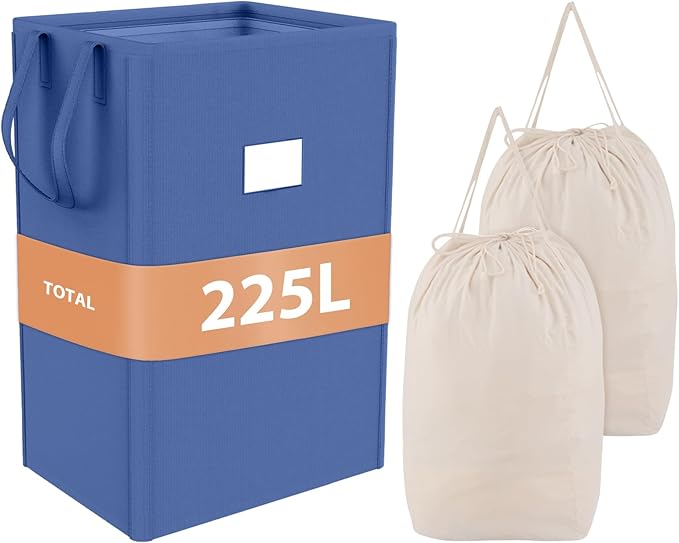 MCleanPin 225L Large Laundry Hamper Collapsible with 2 Washable Laundry Bags, Dirty Clothes Hamper, Laundry Basket with Handles Foldable Laundry Basket for Dorm College(Navy Blue)