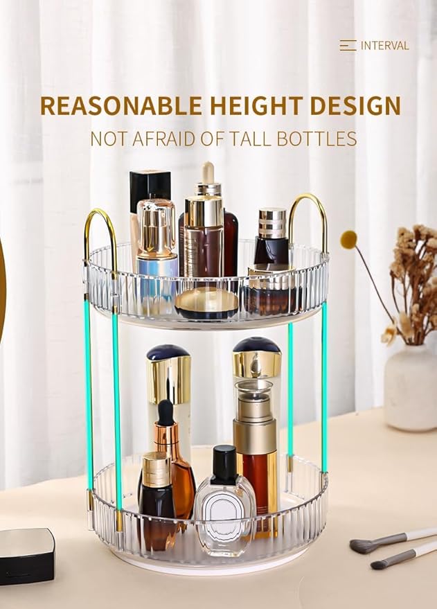 Makeup Organizer Countertop: 2-Tier 360 Rotating Perfume and Skincare Organizer, Spinning Bathroom Storage for Skincare Products, Compact and Versatile Skin Care Organizer