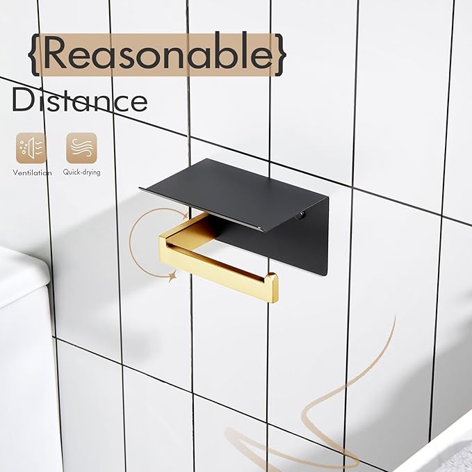 KOKOSIRI Toilet Paper Holders with Shelf Bathroom Toilet Paper Roll Holder Wall Mounted T-304 Stainless Steel, Matte Black and Gold B2010GDK
