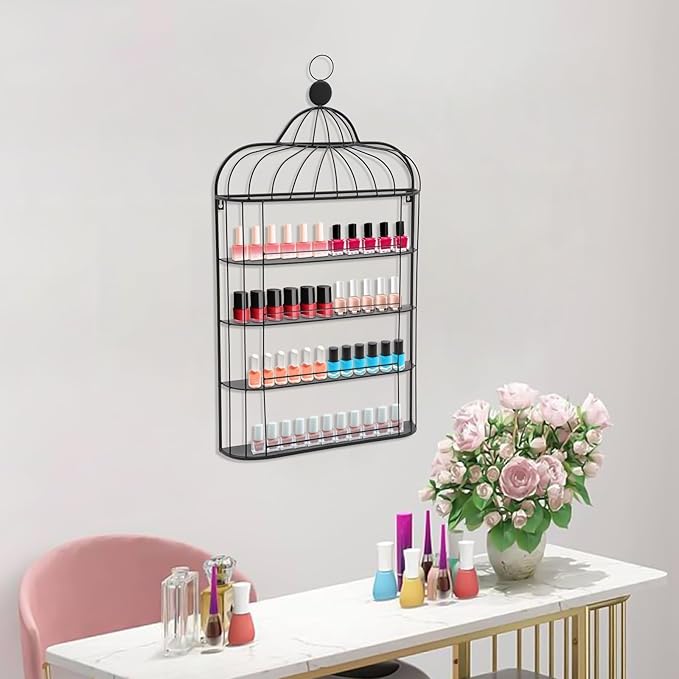 Nail Polish Organizer Wall Mounted, 4-Tier Nail Polish Storage Rack, Metal Nail Polish Storage Holder, Multifunctional Organizer for Essential Oil Perfume Lipsticks at Home Salon Spa(Black)