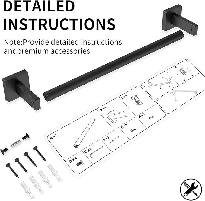 MKO Towel Bar for Bathroom, Black Hand Towel Holder Rod with Metal, 16" Towel Racks for Bathroom Hanger Wall Mounted for Kitchen Home, 2 Pack