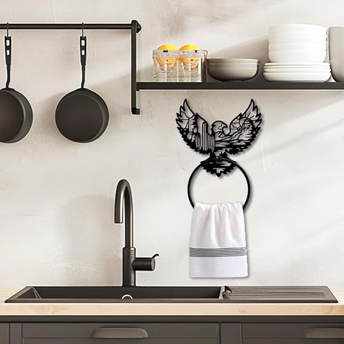 MAYJOYDIY Eagle Landscape Metal Towel Ring Desert Cactus Towel Holder Sun Mountain Range Animal Nature Scenery Black Art Towel Rack Wall Mounted for Bathroom Kitchen Home Decors Gift
