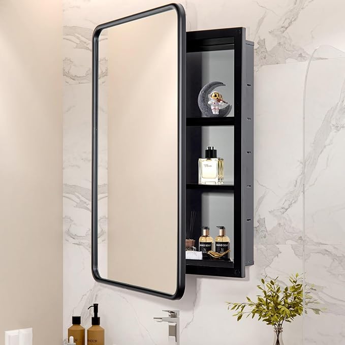 16 x 24 Black Bathroom Medicine Cabinet with Mirror Metal Frame Recessed Or Wall Mounted Single Door Storage Medicine Cabinets with Adjustable Shelves Rounded Corner Beveled Mirrors